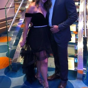 Black high low off the shoulder velvet dress